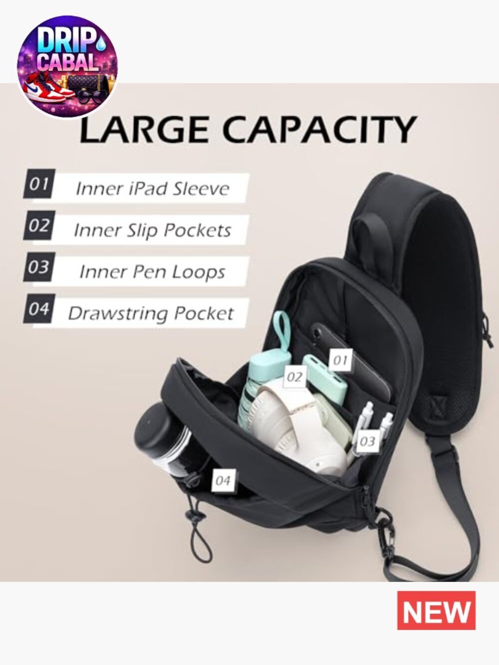Crossbody Sling Chest Daypack Water Resistant Nylon Shoulder Bag with USB Port - Picture 2 of 6